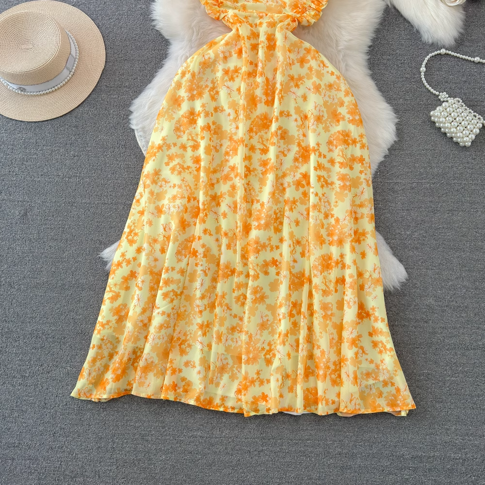 - Summer beach resort style yellow floral dress GEU1022