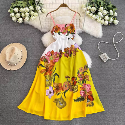 - Women's retro floral suspender dress summer bohemian style  GEU1425