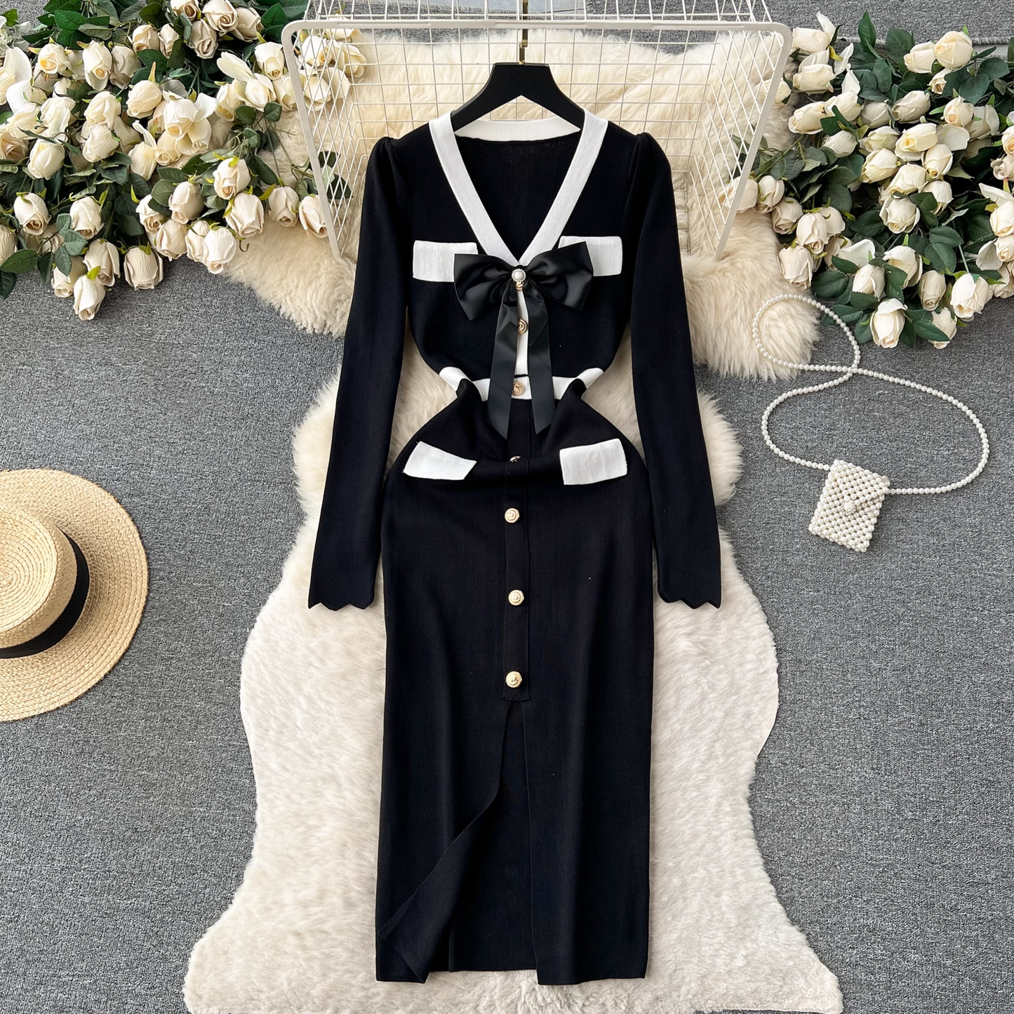 vmtvr- Knitted dress women's autumn and winter bow single-breasted design maxi dress  GEU508