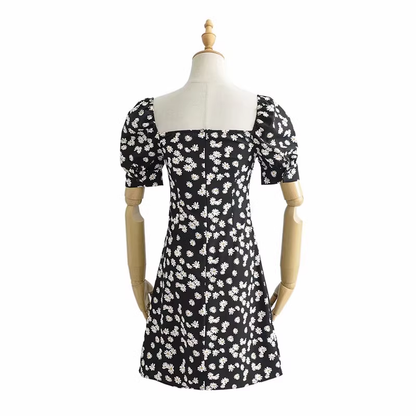 vmtvr- Retro pastoral floral daisy slim square neck dress  GEU484