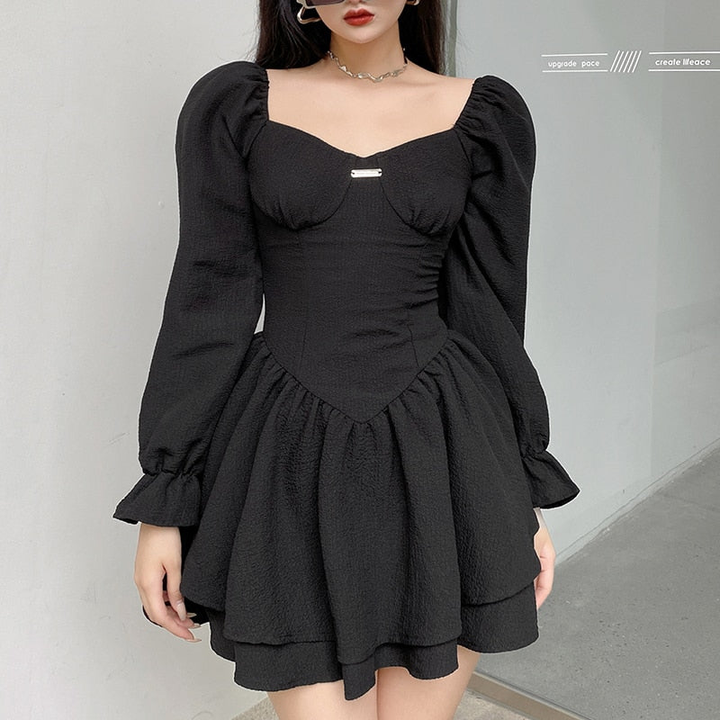 vmtvr - Fashion Elegant Puff Sleeve Black Dress Women Corset Autumn Pleated Sexy Party Dress Mini Double Layer Ruched Clothes