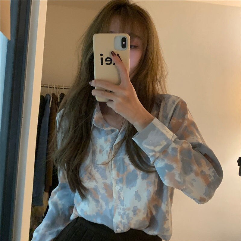 -Fall Outfits Long Sleeve Top Graduation gifts Shirts Women Tie-dye Leisure Floral Retro Long Sleeve All-match Elegant Sweet Females Blouses Korean Style Streetwear Ins Trendy