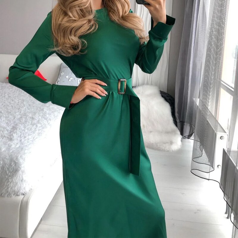 Women Summer Dress Satin Straight Midi Party Club Belt Long Dress Elegant Fashion Bandage Bodycon