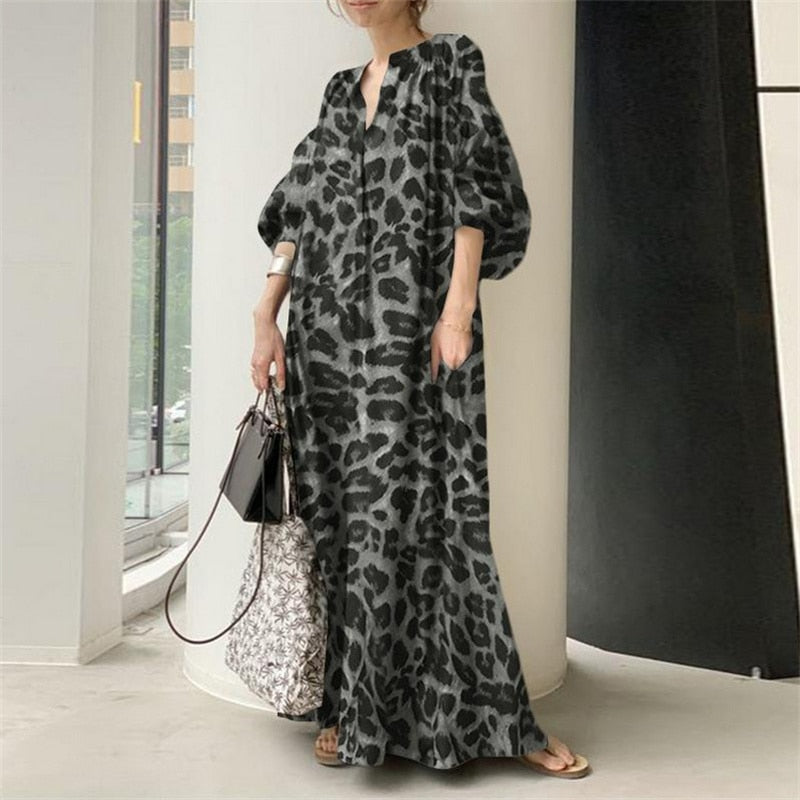 vmtvr - Fashion Printed Maxi Dress Women's Leopard Sundress  Spring Puff Sleeve Long Vestidos Female V Neck Robe Oversize