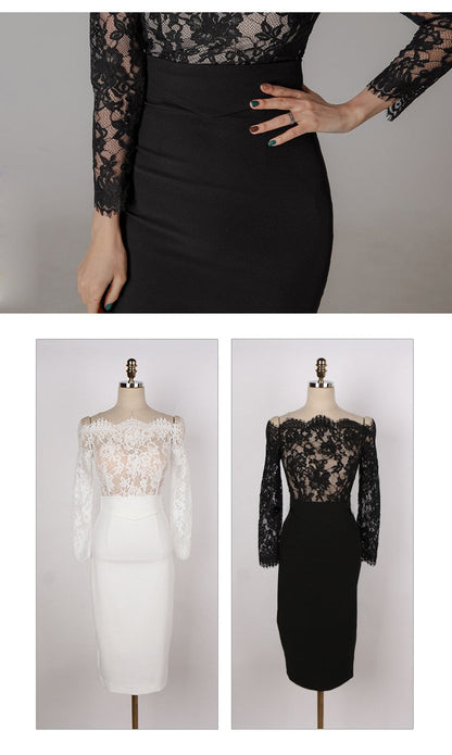 new arrival fashion korean spring midi party dress women OL temperament lace perspective sexy off-shoulder holiday pencil dress