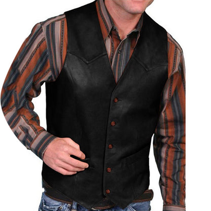 jiaabc Men's Vest Retro V-neck Solid Color Pocket With Button Leather Vest For Male Casual Business Wear Tops Autumn Men v-neck Vest