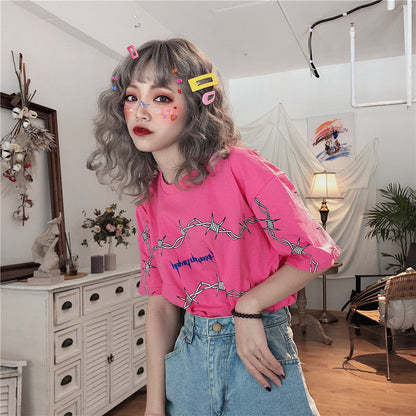 Loose Short Sleeve Unisex Tees Couple Clothes Grunge Tumblr Tops Bf Harajuku Women's T-Shirts Thorns Pattern Streetwear T Shirt