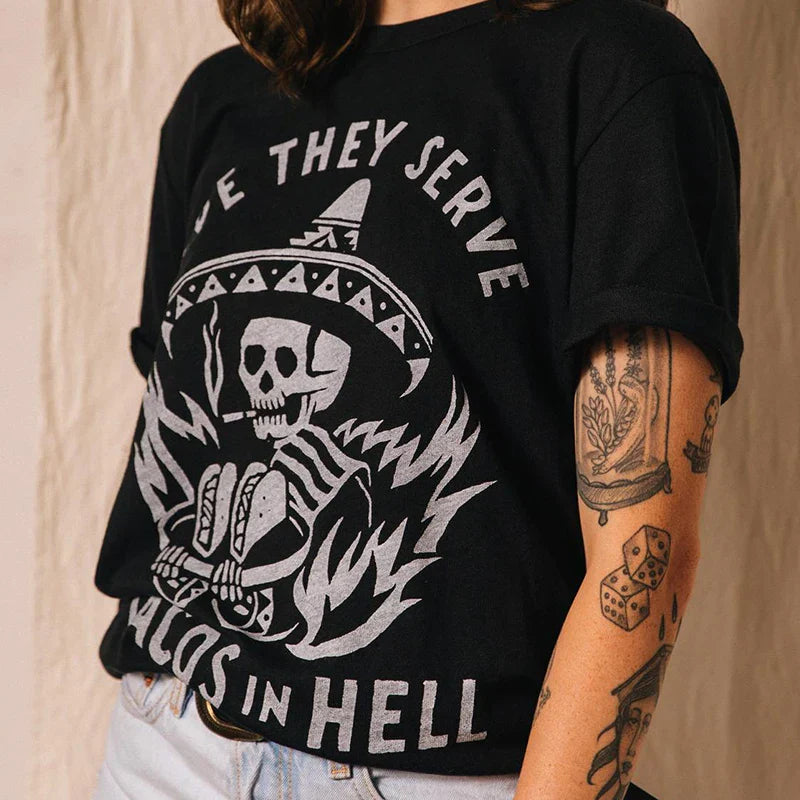 -Retro sports style outfit streetwear 90s fashion Calelinka Hope They Serve Tacos in Hell Unisex Grunge T shirts Black Plus Size Cotton Short Sleeve Tops Funny Taco T shirts