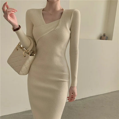 vmtvr Vintage Knitted Dress Women Autumn Long Sleeve Sweater Elegant Party Dress Office Lady Slim Female One-Piece Dress Korean