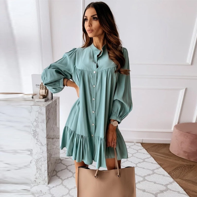 Women Vintage Ruffled Front Button A-line Dress Long Sleeve Stand Collar Solid Elegant Casual Mini Dress Autumn New Dress