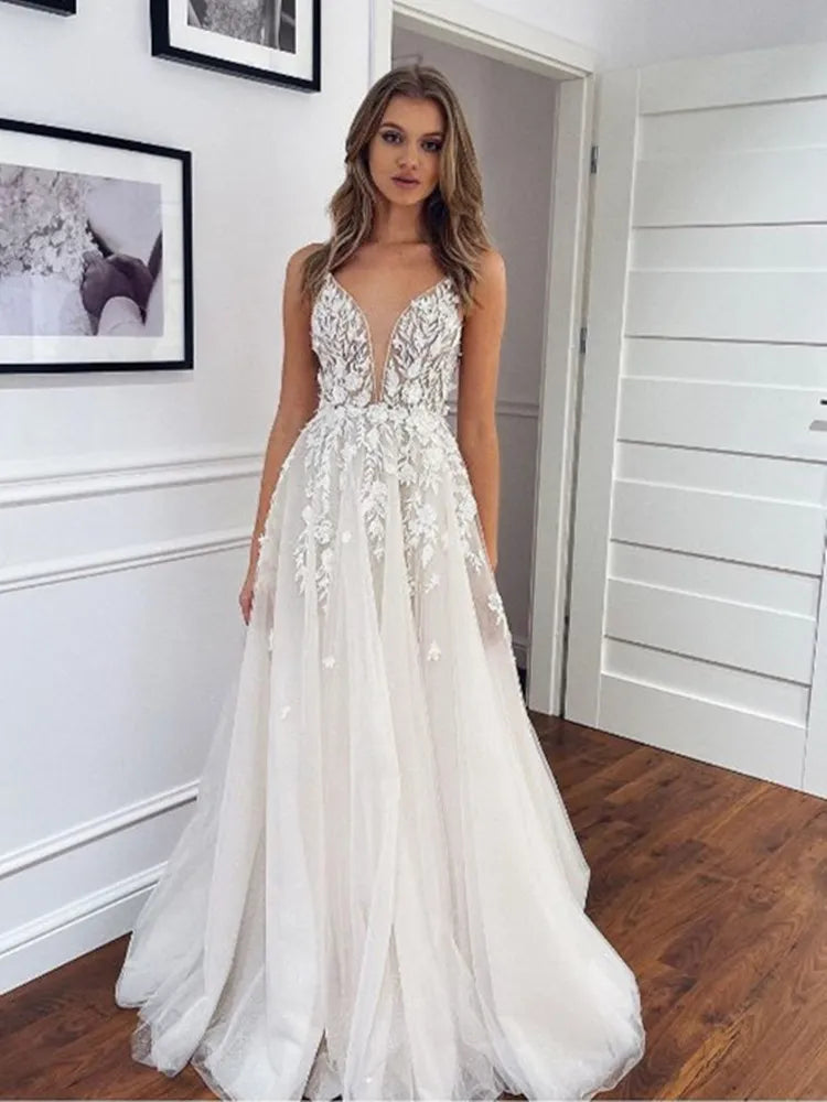 vmtvr - BEACH Spaghetti Strap Deep V Neck Wedding Dress For Bride Lace Appliques Sparkly Tulle Backless Gorgeous Bridal Gowns