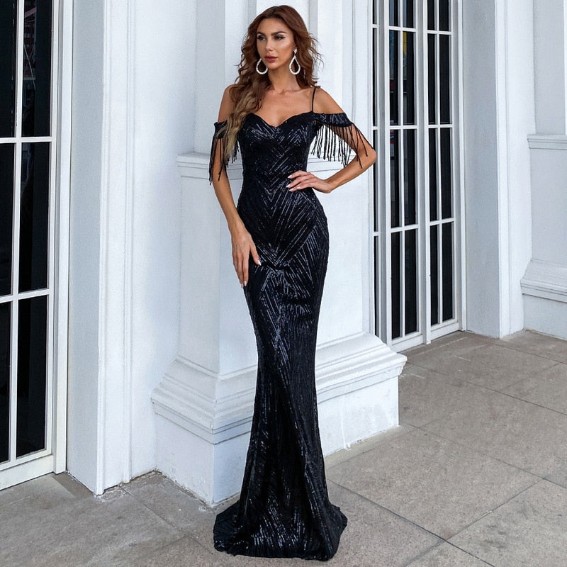 vmtvr Women Elegant Off Shoulder Luxury Evening Dress Sexy  Sequin Mermaid Dress Spaghetti Straps Silver Beading Long Party Dress New