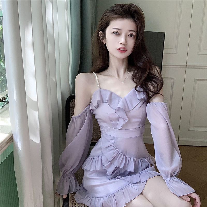 vmtvr Purple Off Shoulder Kawaii Dress Women Ruffle Patchwork Sweet Party Mini Dress Female Korean Fashion Slim Sexy Fairy Dress 2023