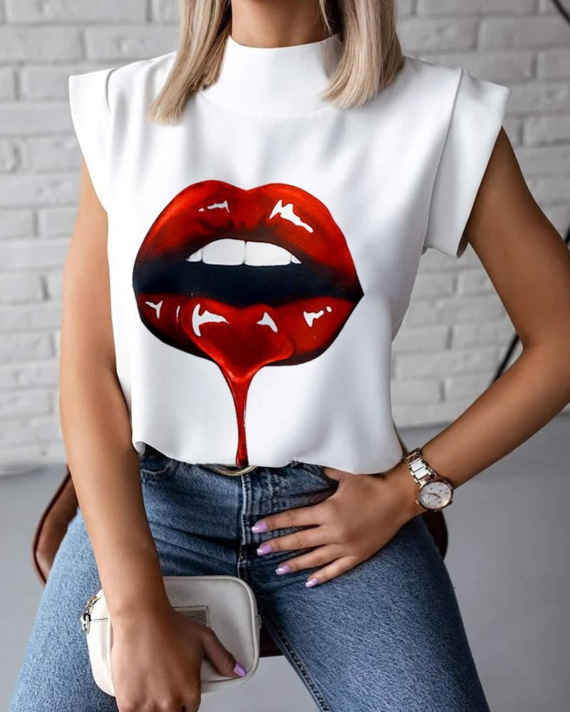 Fashion Women Elegant Lips Print Tops Blouse Shirts Summer Ladies Office Casual Stand Neck Pullovers Eye Blusa Tops