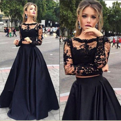 Women Evening Dress Lace Dresses Formal Long  Ball Prom Gown Evening Party Hollow Out Deep V-Neck Long Sleeve New Fashion