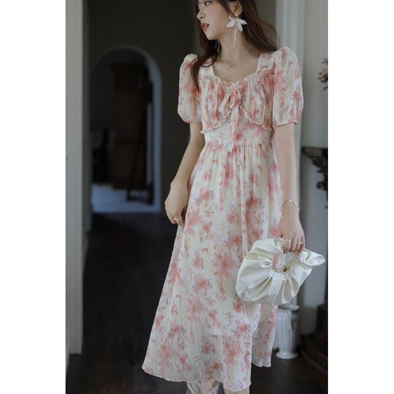 vmtvr - Chiffon Dress Women&#39;s Summer Temperament Square Collar Sweet A-line Midi Floral Pink Holiday Dresses MXA26L0197