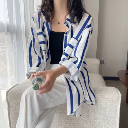 vmtvr Striped Women Shirts Summer Fashion Beach Sun Protection Long Sleeve Loose White Long Shirt Casual Korean Pocket Tops New