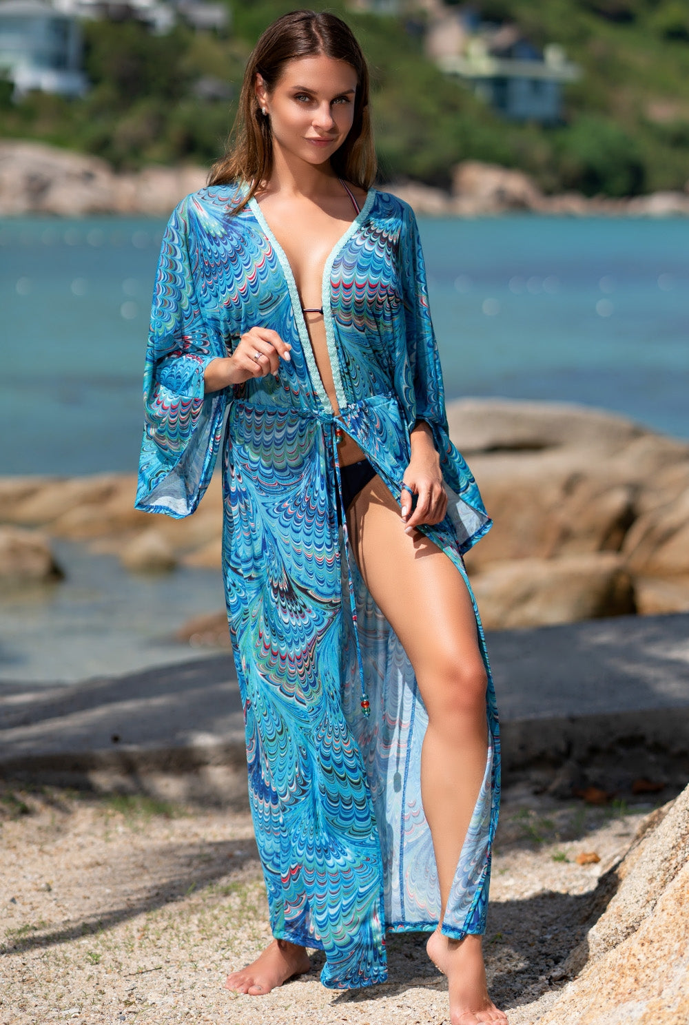 -Fall Outfits Long Sleeve Top   Purple Bohemian Printed Long Sleeve Self Belted Tassel Plus Size Beachwear Kimono Tunic Women Tops And Blouses Shirts Q1237