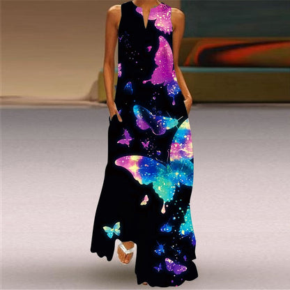 Vintage Print Women Sundress  Summer Fashion Sexy V-neck Sleeveless Long Dresses with Pocket Casual Lady Maxi Dress Vestidos