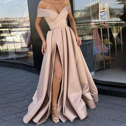 Women Sexy V Neck Long Party Dress Solid Elegant Sleeveless High Slit Dress Lady Fashion Off Shoulder Pleated Maxi Dress Vestido