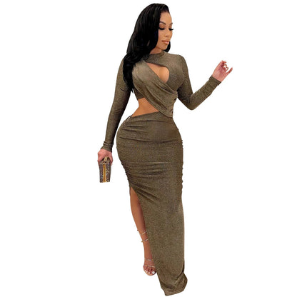 vmtvr - Elegant Glitter Solid Ruched Long Women Dress Sexy Cut Out O Neck Long Sleeve High Slit Evening Club Party Dress Robe Christmas