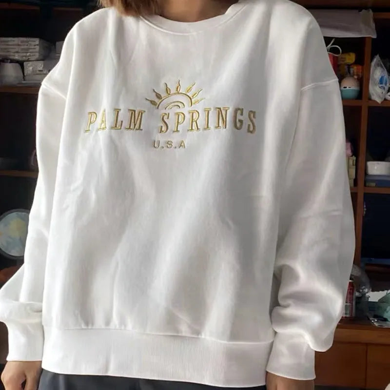 -Retro sports style outfit streetwear 90s fashion Calelinka American Vintage Palm Springs Letters Embroidery Printed White Cotton Sweatshirts Round Neck Vintage Women Ins Jumpers