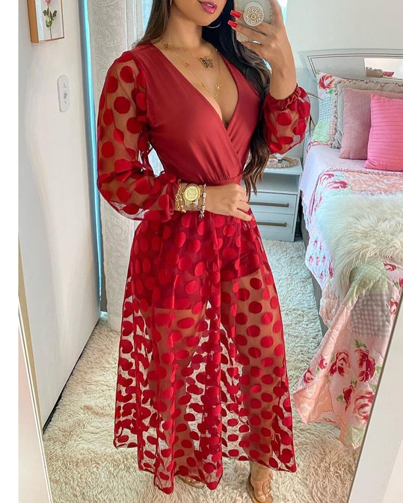 Women's Clothing Spring Polkadot Print Wrap Long Sleeve Maxi Dress See Through Party Wedding Formal Elegant Boho V Neck