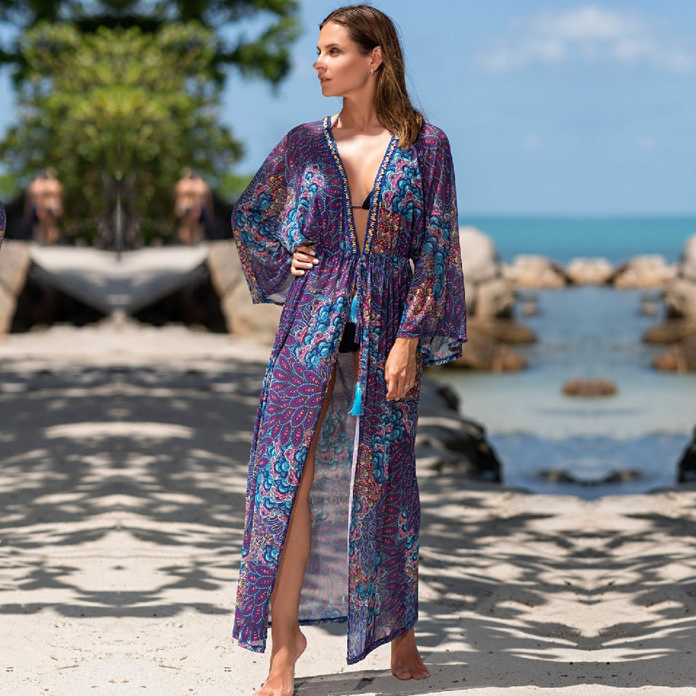 -Fall Outfits Long Sleeve Top   Purple Bohemian Printed Long Sleeve Self Belted Tassel Plus Size Beachwear Kimono Tunic Women Tops And Blouses Shirts Q1237