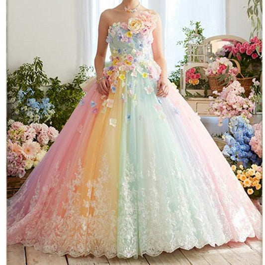 vmtvr Pretty Colorful Rainbow Tutu Prom Dresses 3D Flower Lace Puffy Ball Gowns Vestido Formatura Abiye Ruffles Evening Gowns