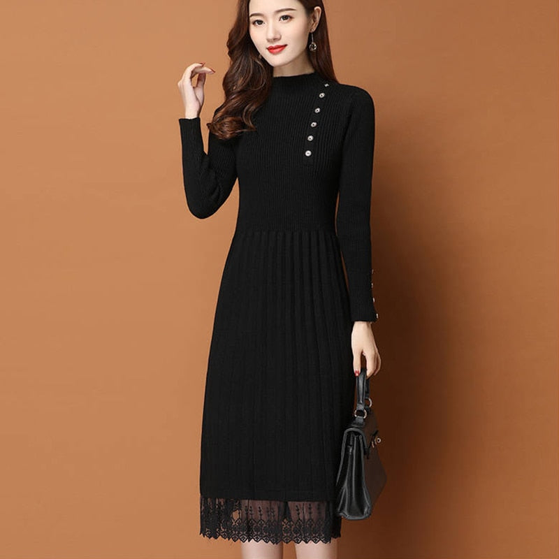 vmtvr - Lace Hem Buttons Women Autumn Winter Sweater Knitted a line Dresses Ribbed Slim Elastic Long Sleeve Lady Bodycon Midi Dresses