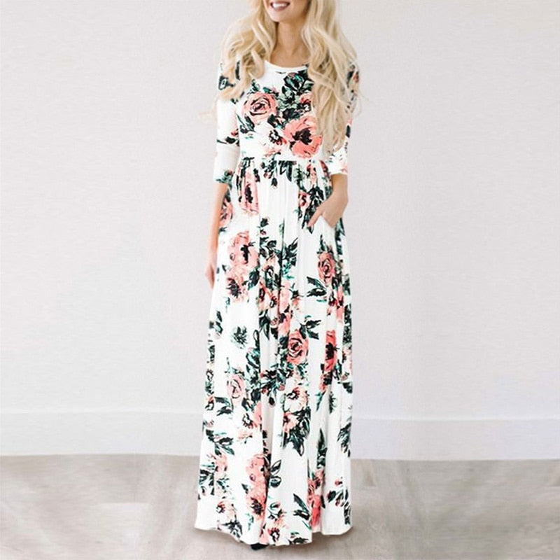 Women Summer Floral Print Maxi Dress White Boho Beach Dress Women Evening Party Long Dress Plus Size Vestidos Female