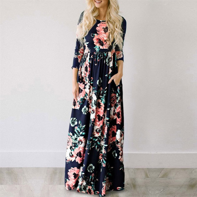 Women Summer Floral Print Maxi Dress White Boho Beach Dress Women Evening Party Long Dress Plus Size Vestidos Female