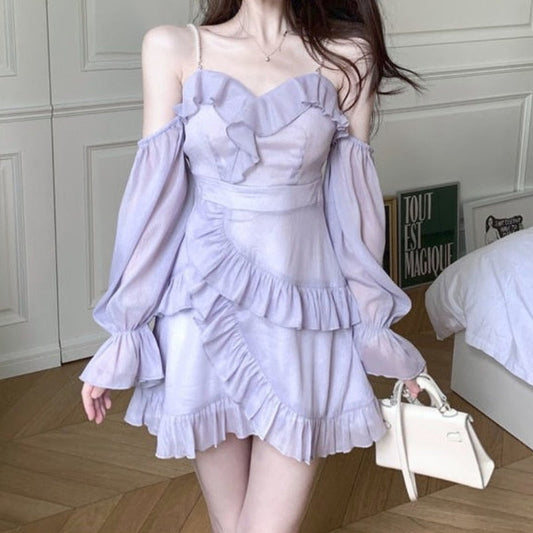 vmtvr Purple Off Shoulder Kawaii Dress Women Ruffle Patchwork Sweet Party Mini Dress Female Korean Fashion Slim Sexy Fairy Dress 2023