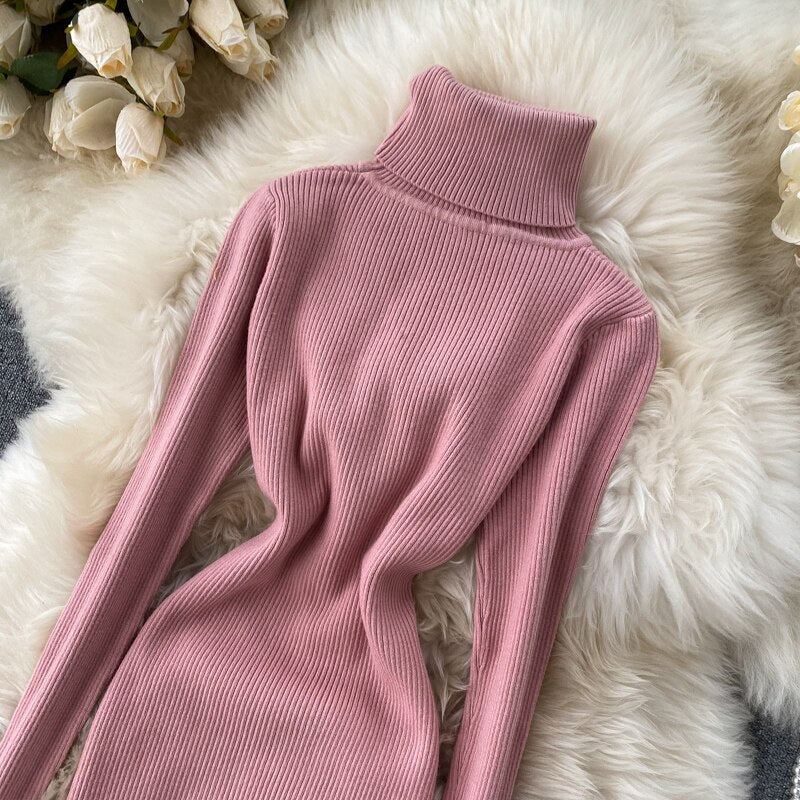 Sweater Dress Winter Turtleneck Warm Long Sleeve Knit Dress Korean Fashion Casual Solid Women Midi Bodycon Dress