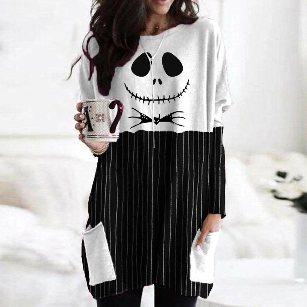 Print Dress Women Halloween Long Sleeve Round Neck Vintage Casual Knit Mini Dress Ladies Pocket Loose Dresses Vestido