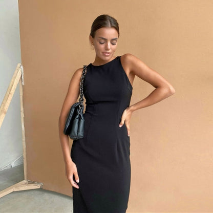 Women Casual O Neck Split Sleeveless Midi Dress Summer Solid Color Straight Loose Office Lady Elegant Dresses For Women