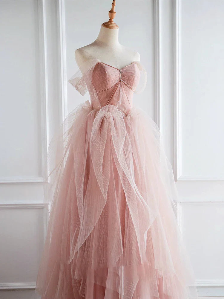 vmtvr  -  PINK TULLE LONG PROM DRESS PINK EVENING DRESS