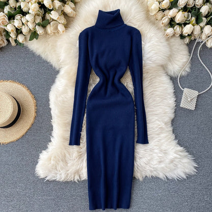 Sweater Dress Winter Turtleneck Warm Long Sleeve Knit Dress Korean Fashion Casual Solid Women Midi Bodycon Dress