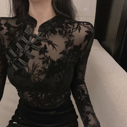 Black Friday Girls Transparent Lace Blouses Shirts Tees Female Chinese Style Turtleneck Vintage Full Sleeve Black Blouses Tops For Women