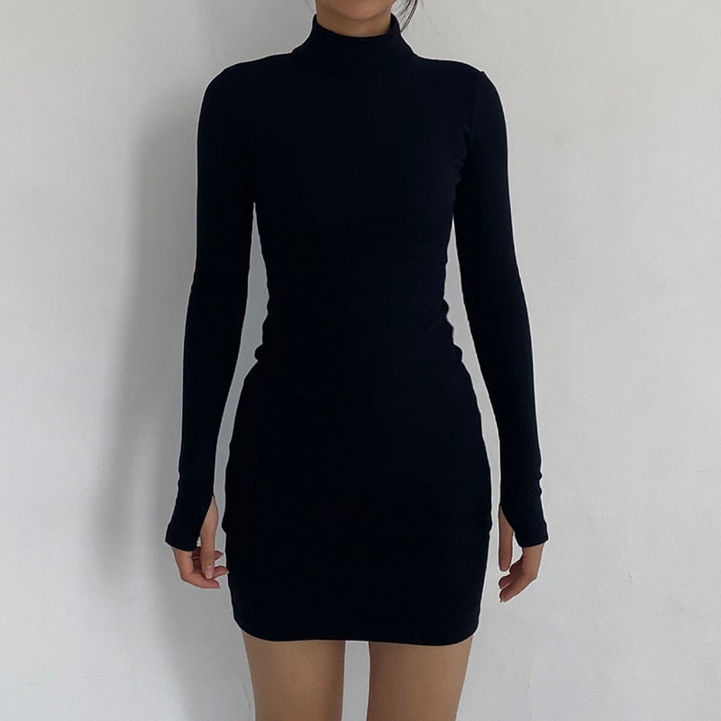 vmtvr - DIRTYLILY Autumn Fashion Sexy Solid Turtleneck Skinny Mini Dress Women Rib Knit Keep Warm Long Sleeve Slim Dress Streetwear