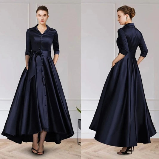 vmtvr On Sale Charming Dark Navy Mother of the Bride Dresses with 3/4 Sleeves V Neck Bow Belt Wedding Party Dresses High Low 2023