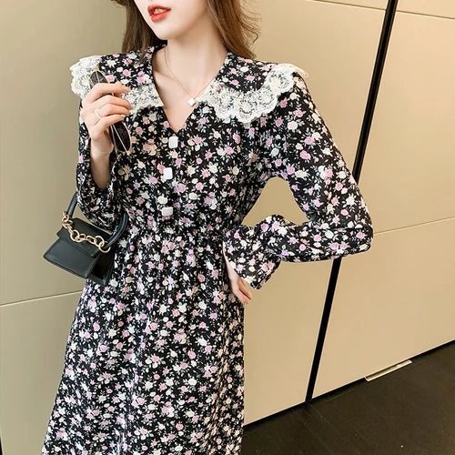 vmtvr 2024 Spring Autumn Vintge Floral Chiffon Midi Dress Women New Korean Light Casual Beach Sundress Elegant Bodycon Party Vestidos