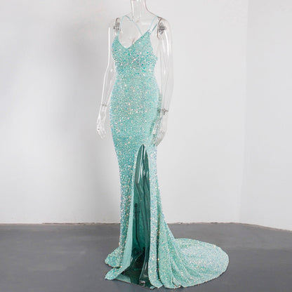 Luxury Mint Sequin Slip Lace Up Long Cocktail Party Dress Backless Hollow Out Velvet V Neck Maxi Gown Celebrity Women Summer