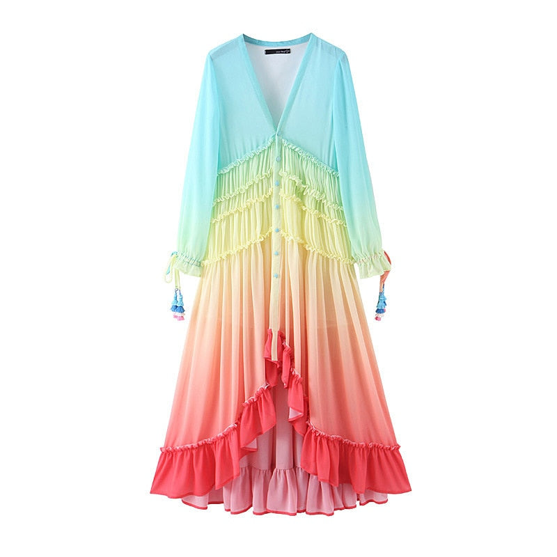 Women's Summer Bohemian Dress Printing Gradient Elegant Maxi Dress Patchwork Rainbow Color Party Dress Ruffles Sweet Vestidos