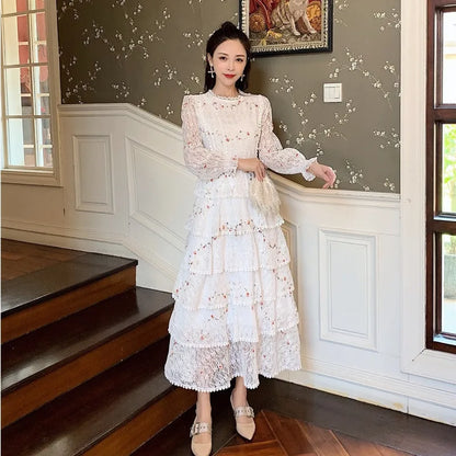 vmtvr Summer Lace Flower Embroidery Long Cake Dress Women A-Line Long Sleeve Six Layers Ruffles Dress Runway Elegant Party Dress