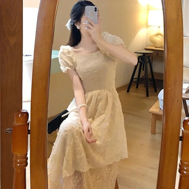 vmtvr French Vintage Kawaii Dress Women Elegant Designer Backless Korean Style Dress Female Casual Party Fairy Midi Dress Summer