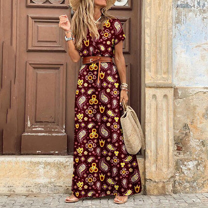 vmtvr Autumn Dress  Women New Fashionable Bohemian V-neck Floral Print Long Dress Female Short Sleeve Sexy High Split Maxi Dresses