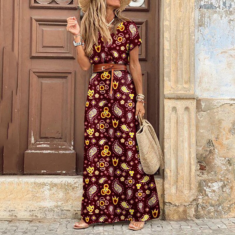 vmtvr Autumn Dress  Women New Fashionable Bohemian V-neck Floral Print Long Dress Female Short Sleeve Sexy High Split Maxi Dresses