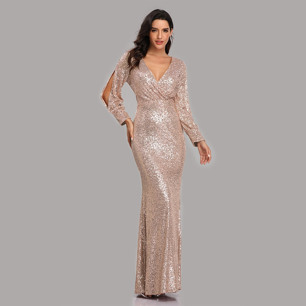 Sexy V-neck Mermaid Evening Dress Long Formal Prom Party Gown Full Sequins long Sleeve Galadress Vestidos Women Dresses 2023