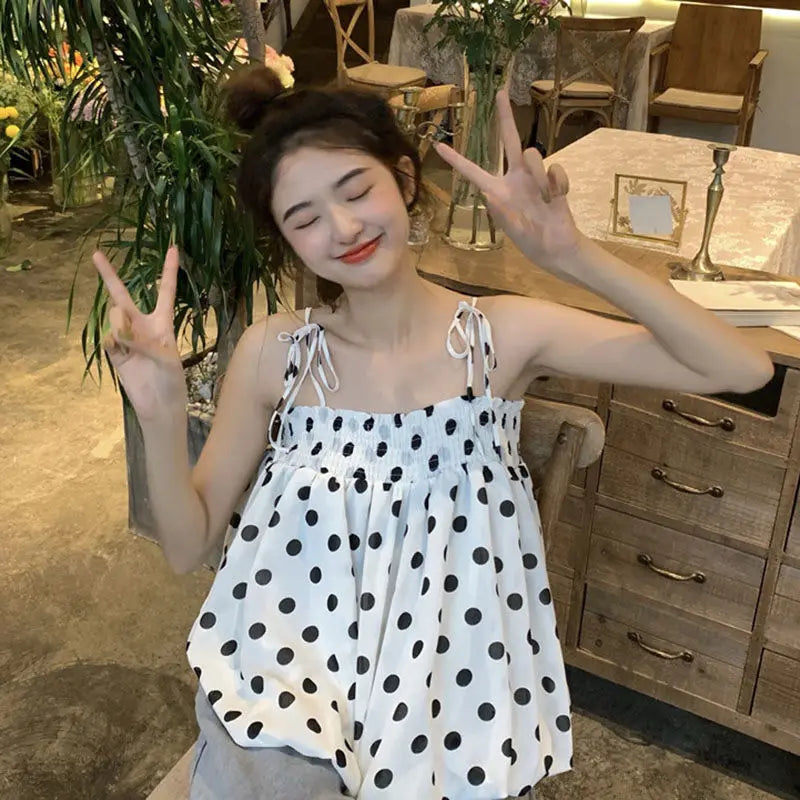 vmtvr Polka Dot Tanks Camis Women Summer Casual Folds Backless Design Korean Chic Tops Female French Chiffon Short Party Clothing